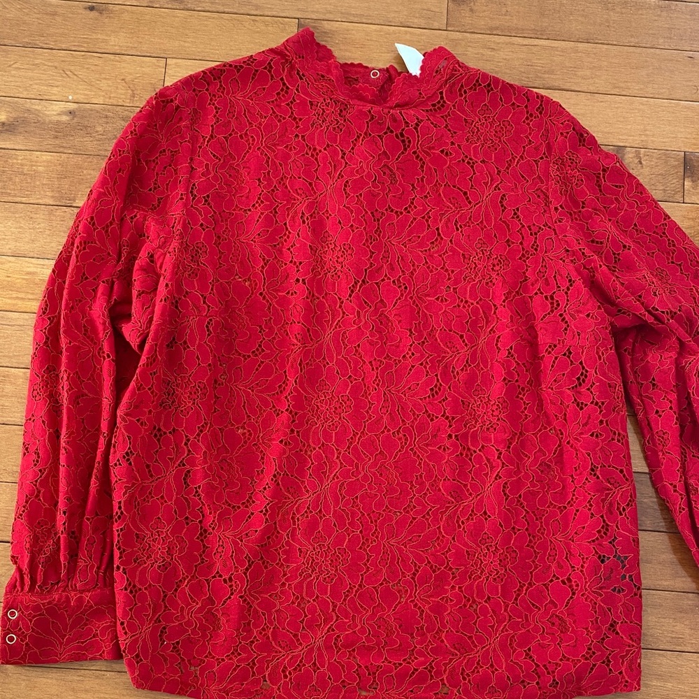 H&M Red Floral Lace Long-Sleeve Blouse